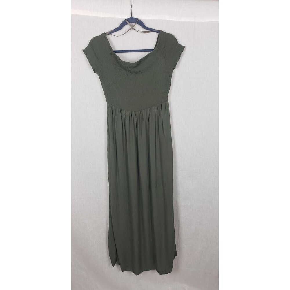 Windsor Dress L Olive Green Smocked Maxi Cap Sleeve‎ Side Slit Rayon Casual Boho - Picture 2 of 8